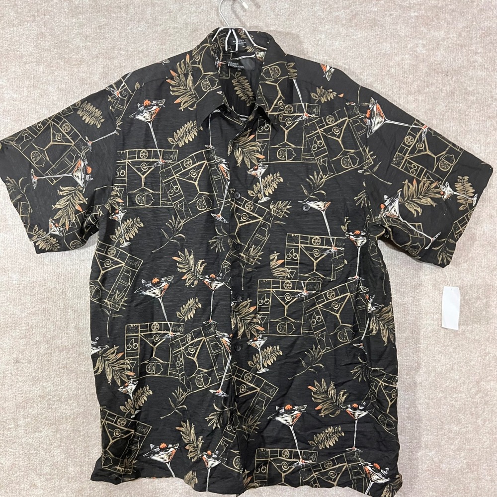 Vintage Marc Edwards Button Down Shirt Mens XL Silk Martini Tropical Black Boho